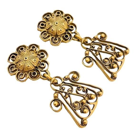 Vintage DONA KARAN DKNY Gold Glass Designer Clip on Earrings  DONNA KARAN DKNY gold tone dangle designer clip on earrings